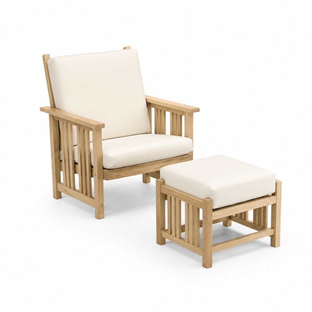 Conjunto de Sillón y Reposapiés de Madera de Teca con Cojines Color Crema