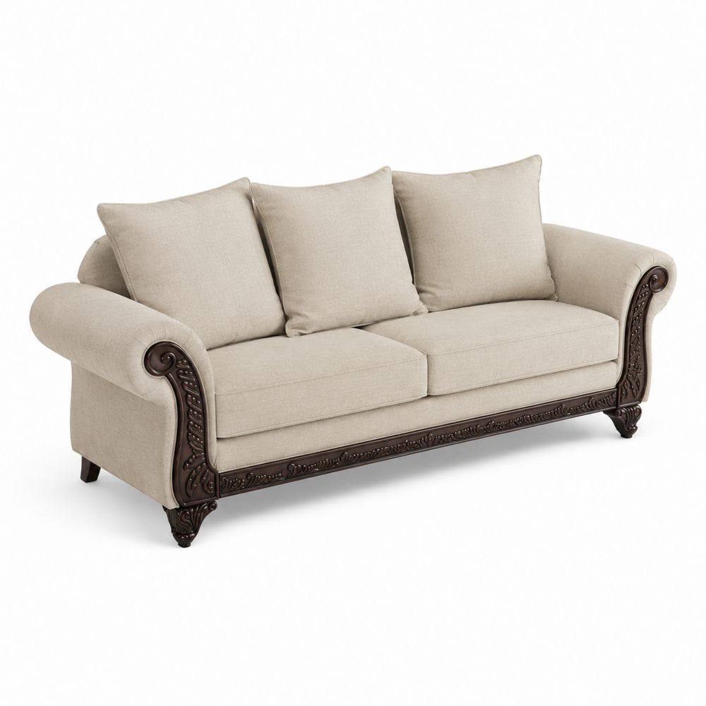 Sofá de Tres Plazas Beige con Detalles de Madera