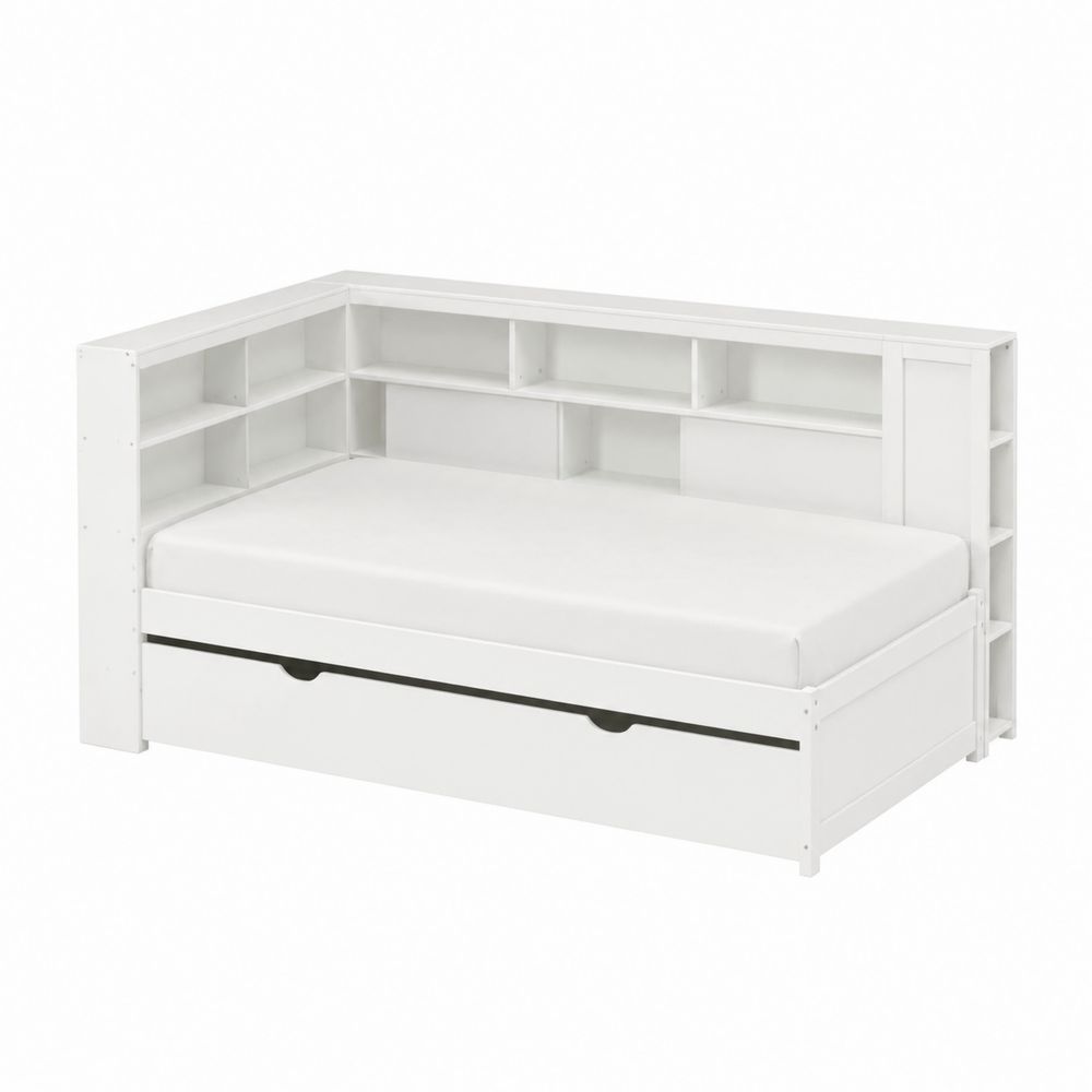 Cama Individual con Almacenamiento y Estanterías de Madera Blanca
