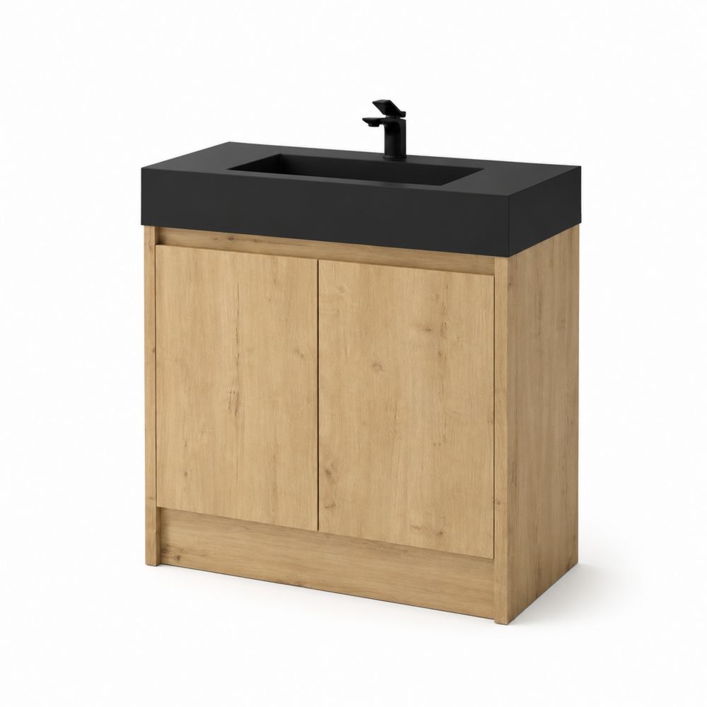 Mueble de baño con lavabo, roble y superficie negra de piedra artificial, 80x45x85 cm