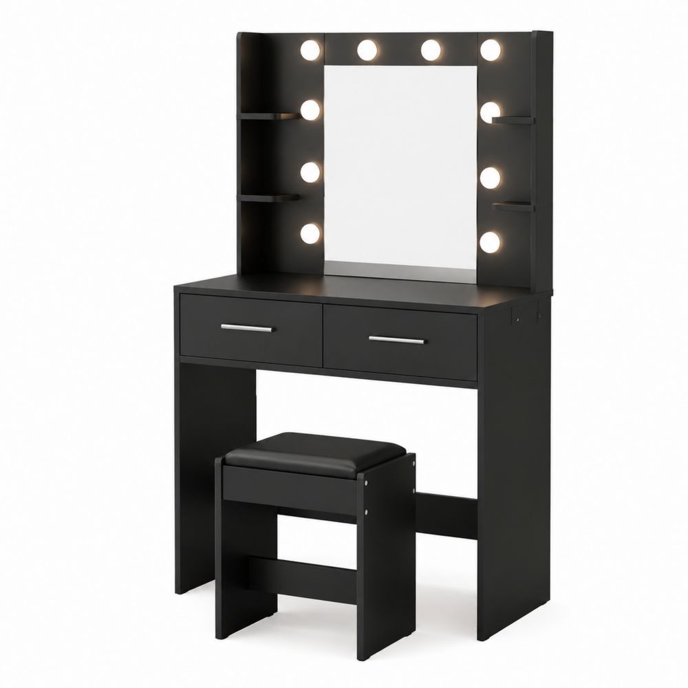 Tocador de Madera con Espejo y Luces LED, Negro