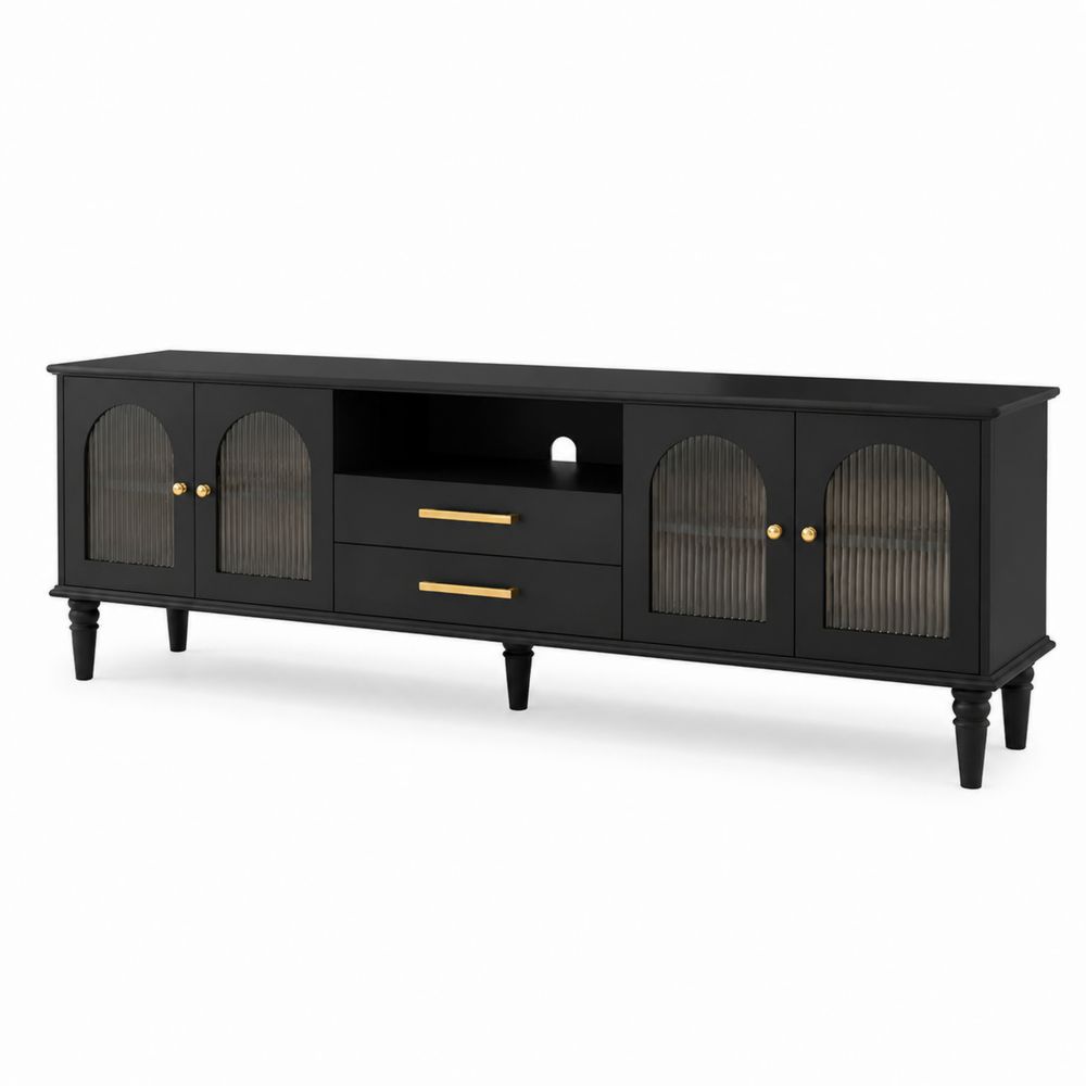 Mueble de TV de madera negro con vidrio templado estriado y cajones 180 cm