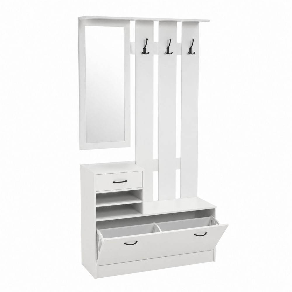 Mueble de entrada con espejo, zapatero y colgador, madera MDF, Blanco