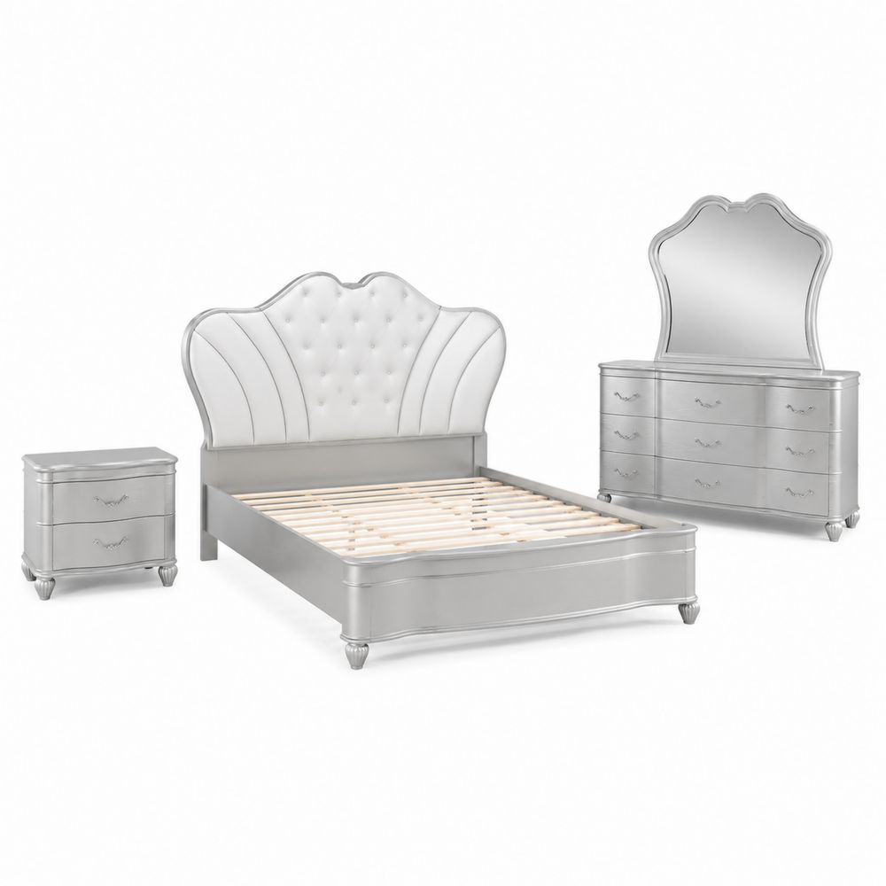 Conjunto de dormitorio de madera y cuero sintético plateado
