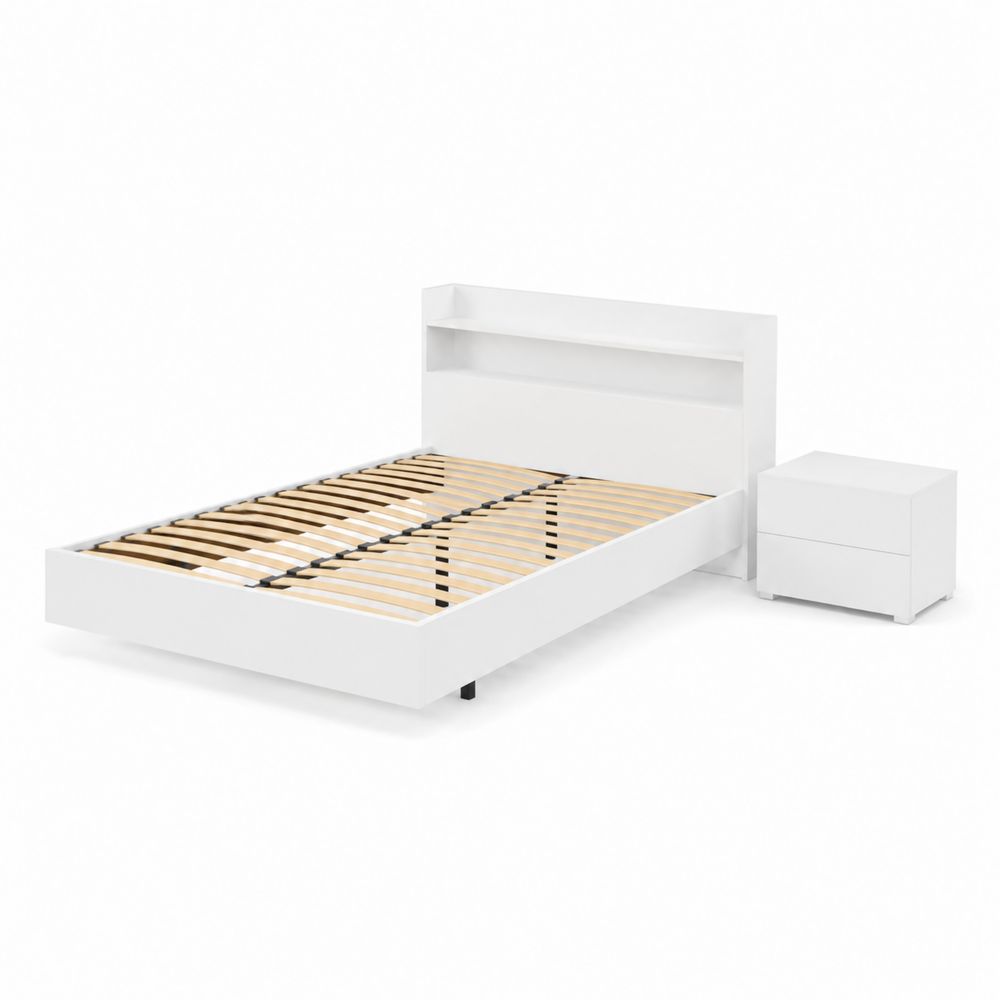 Conjunto de cama doble y mesita de noche blanco, madera contrachapada y MDF