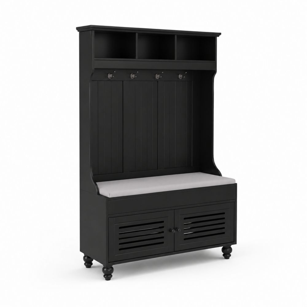 Perchero de Madera Negro con Banco y Cojín Blanco