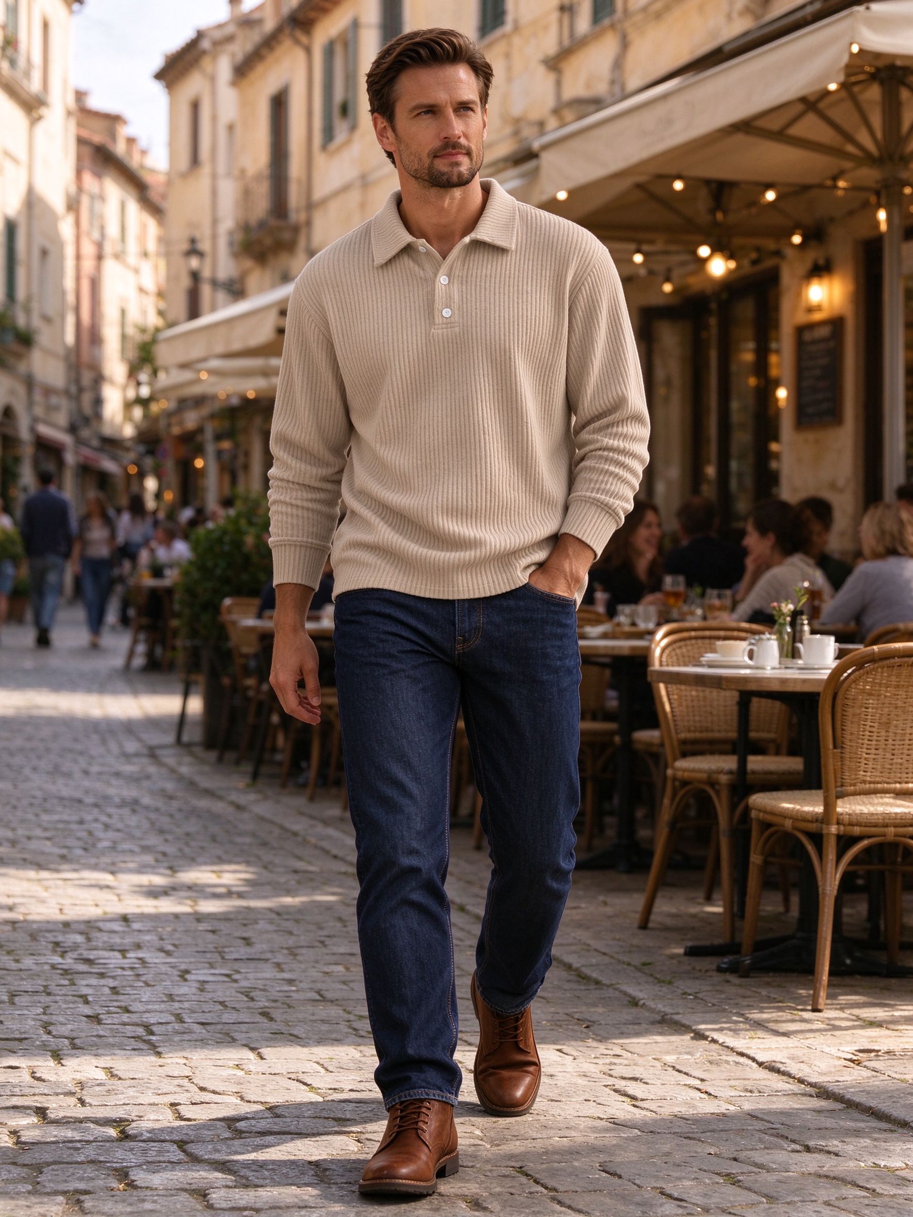 khaki polo with dark denim on cobblestone