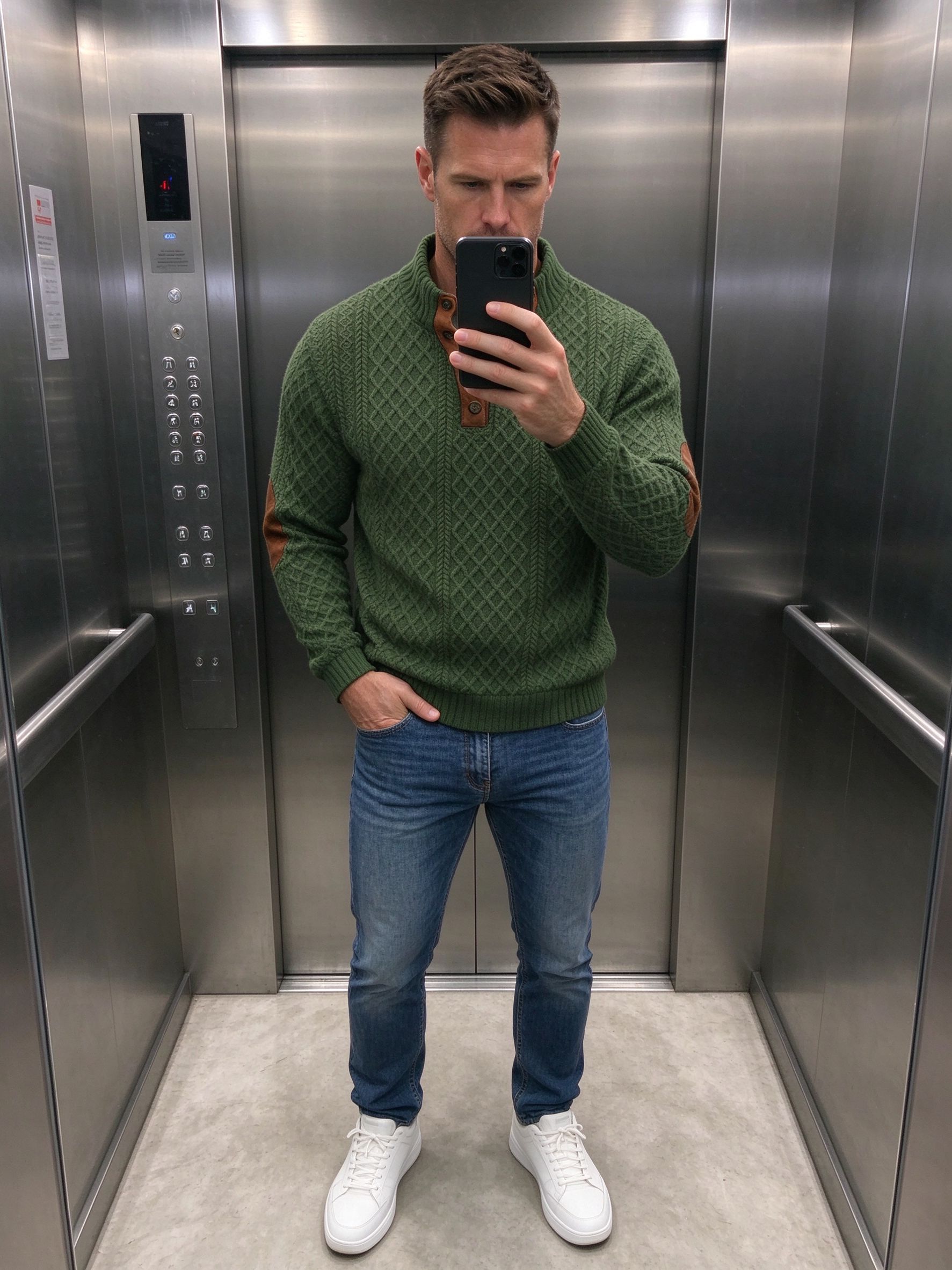 green sweater elevator selfie