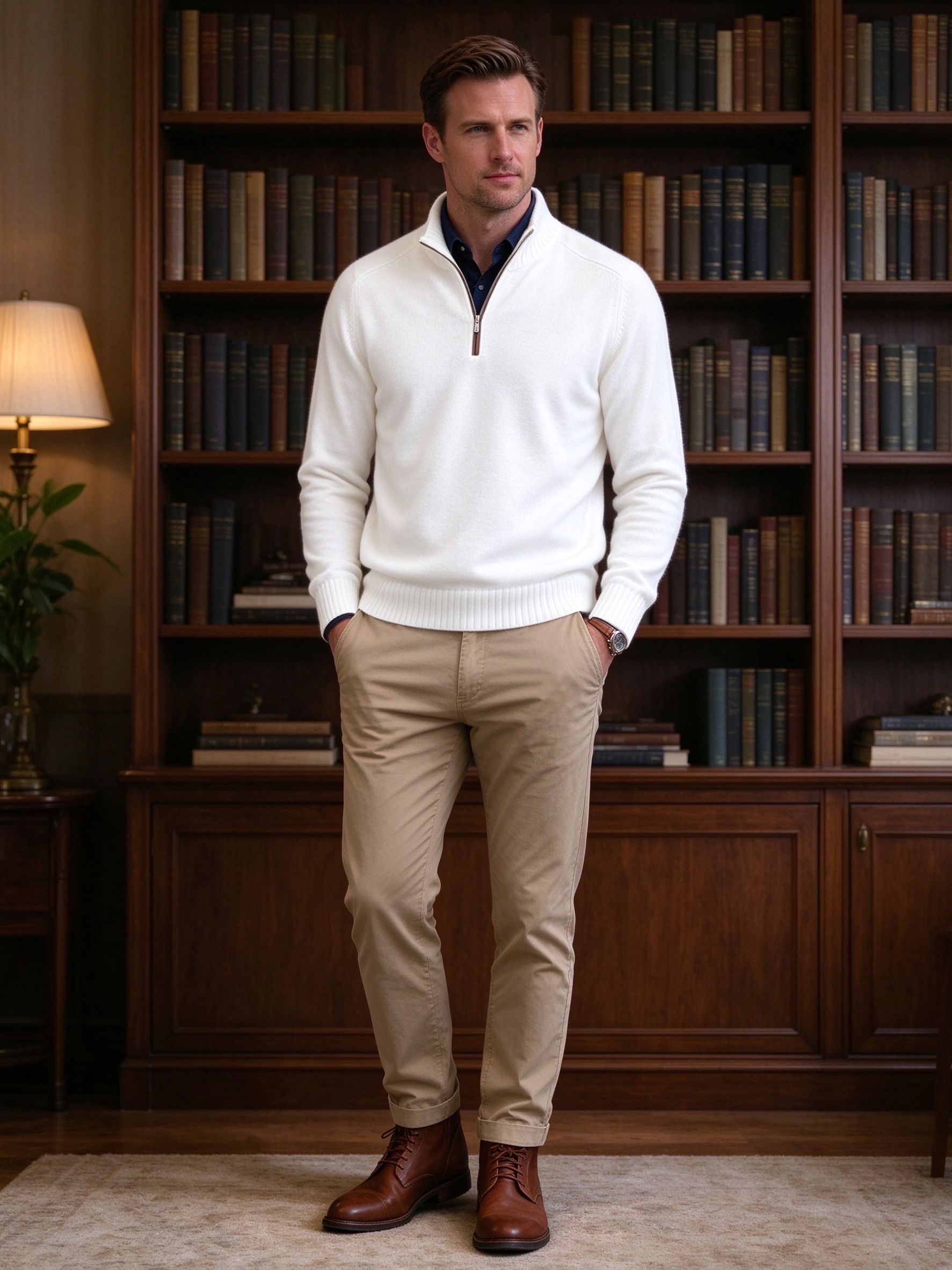 white quarter zip knit with chinos by bookshelf