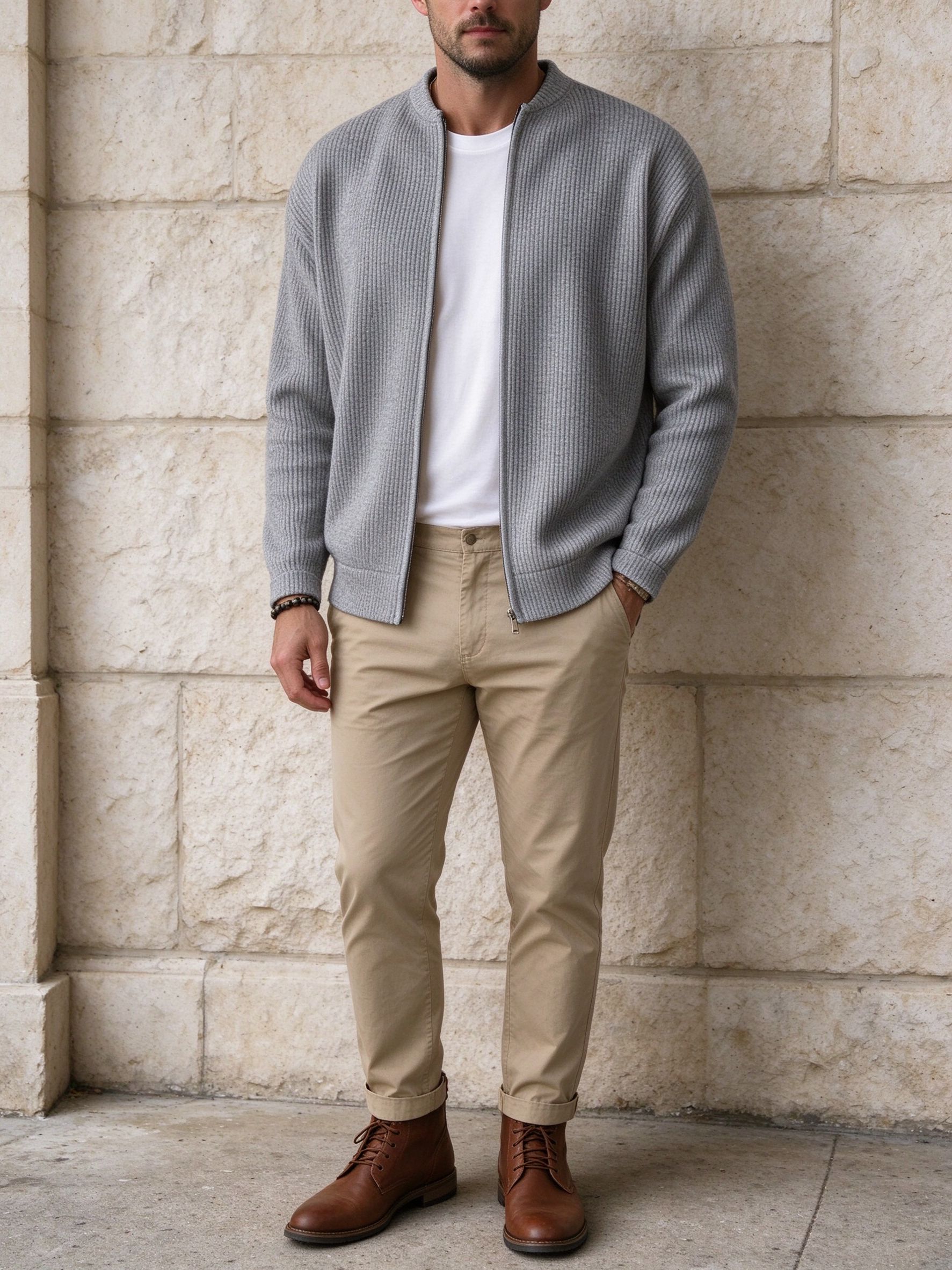 gray zip jacket with sand chinos