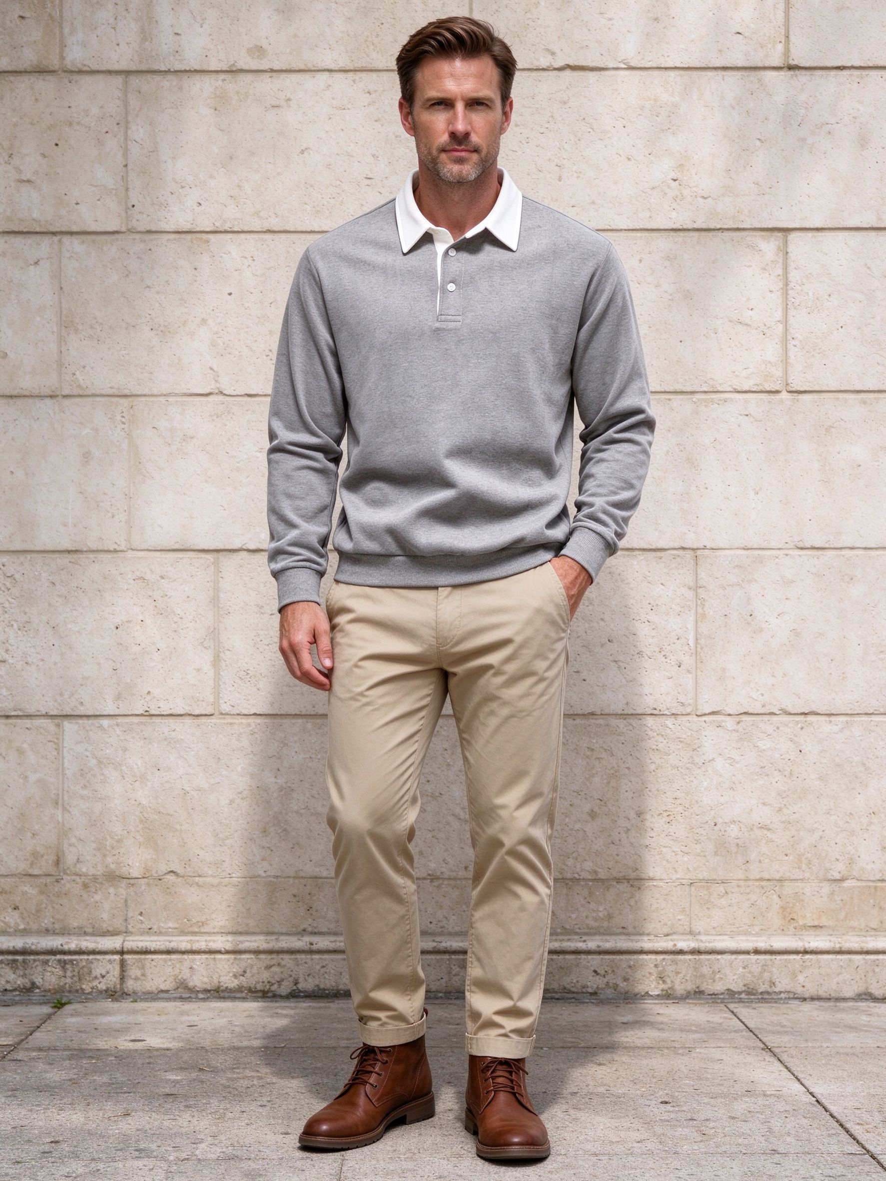 grey contrast collar with sand chinos