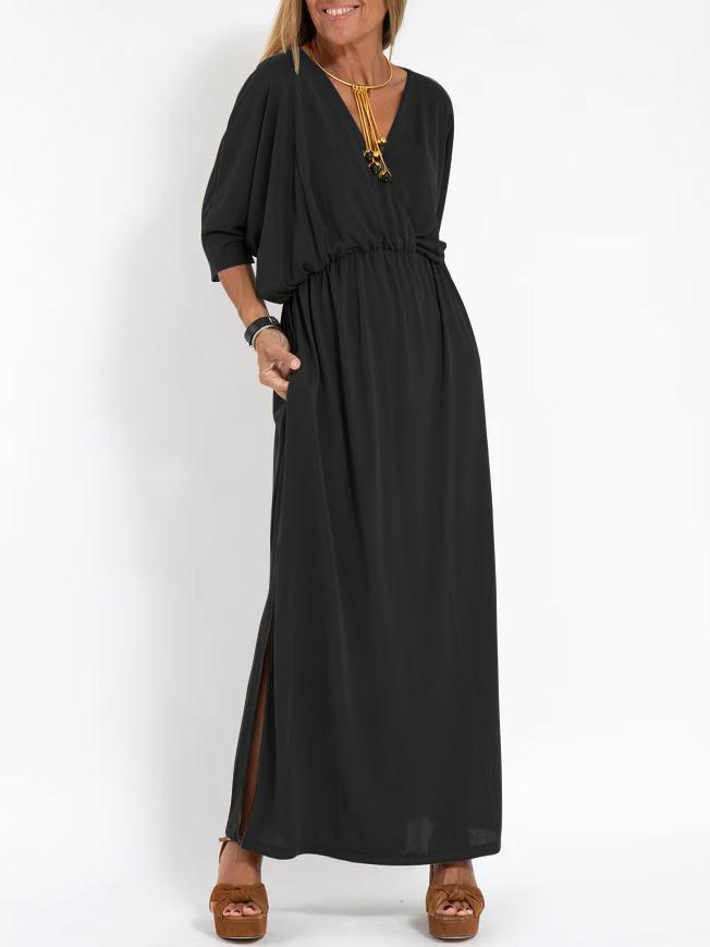 Women's Casual Solid Color V Neck Slit Dress-Comfort & Reliable