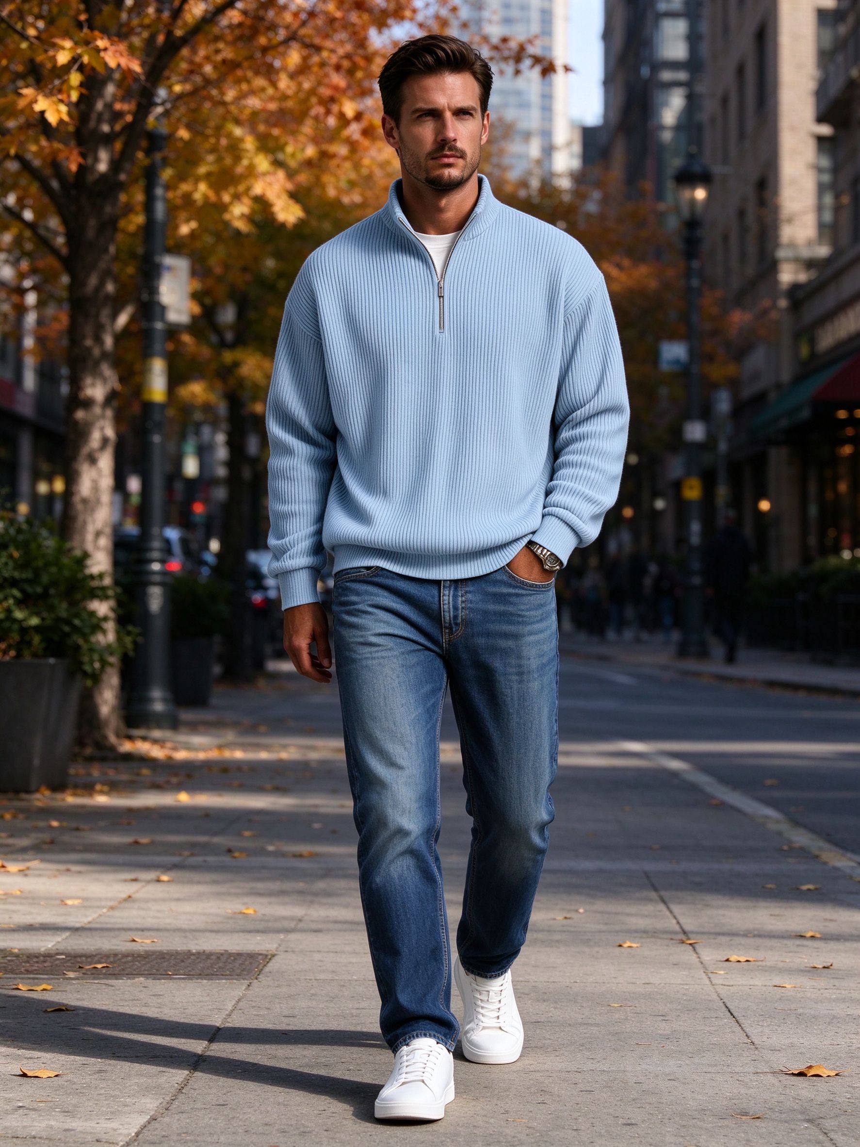 Man walking city street in light blue ribbed half-zip and jeans