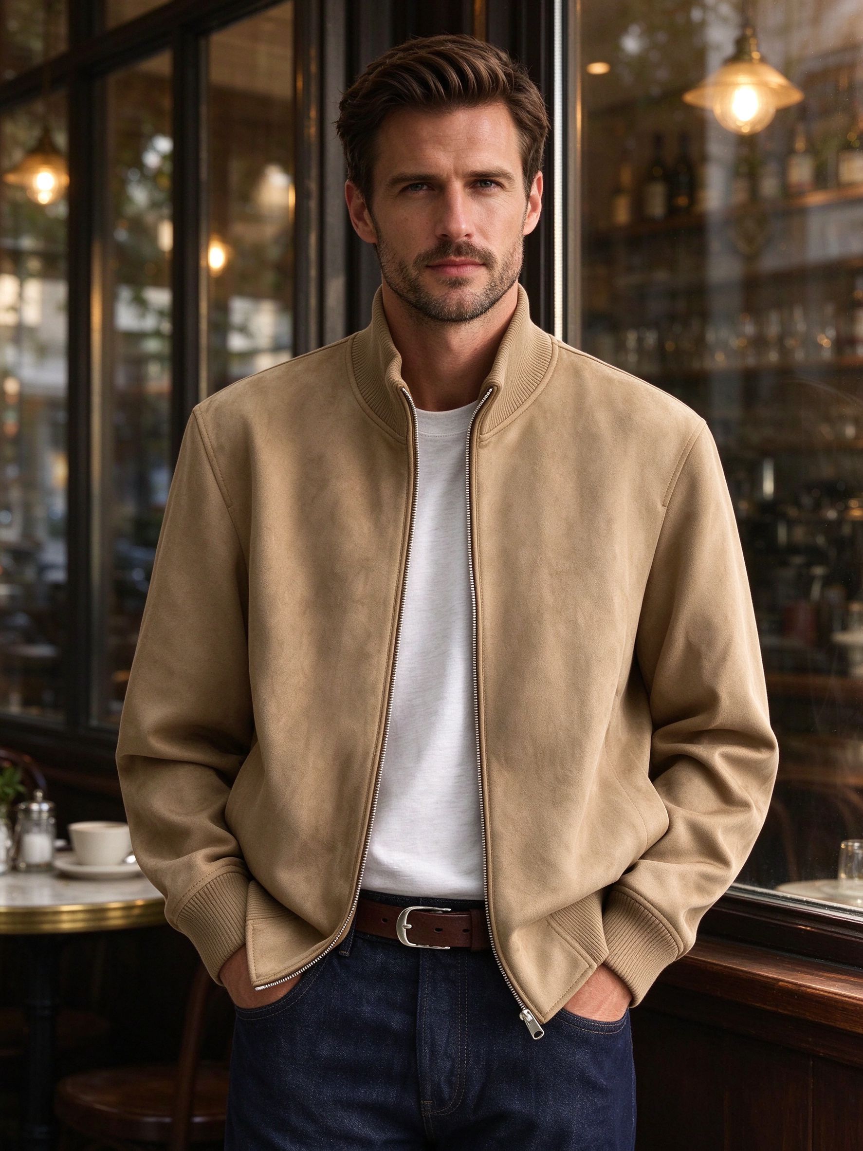 khaki suede bomber worn by model