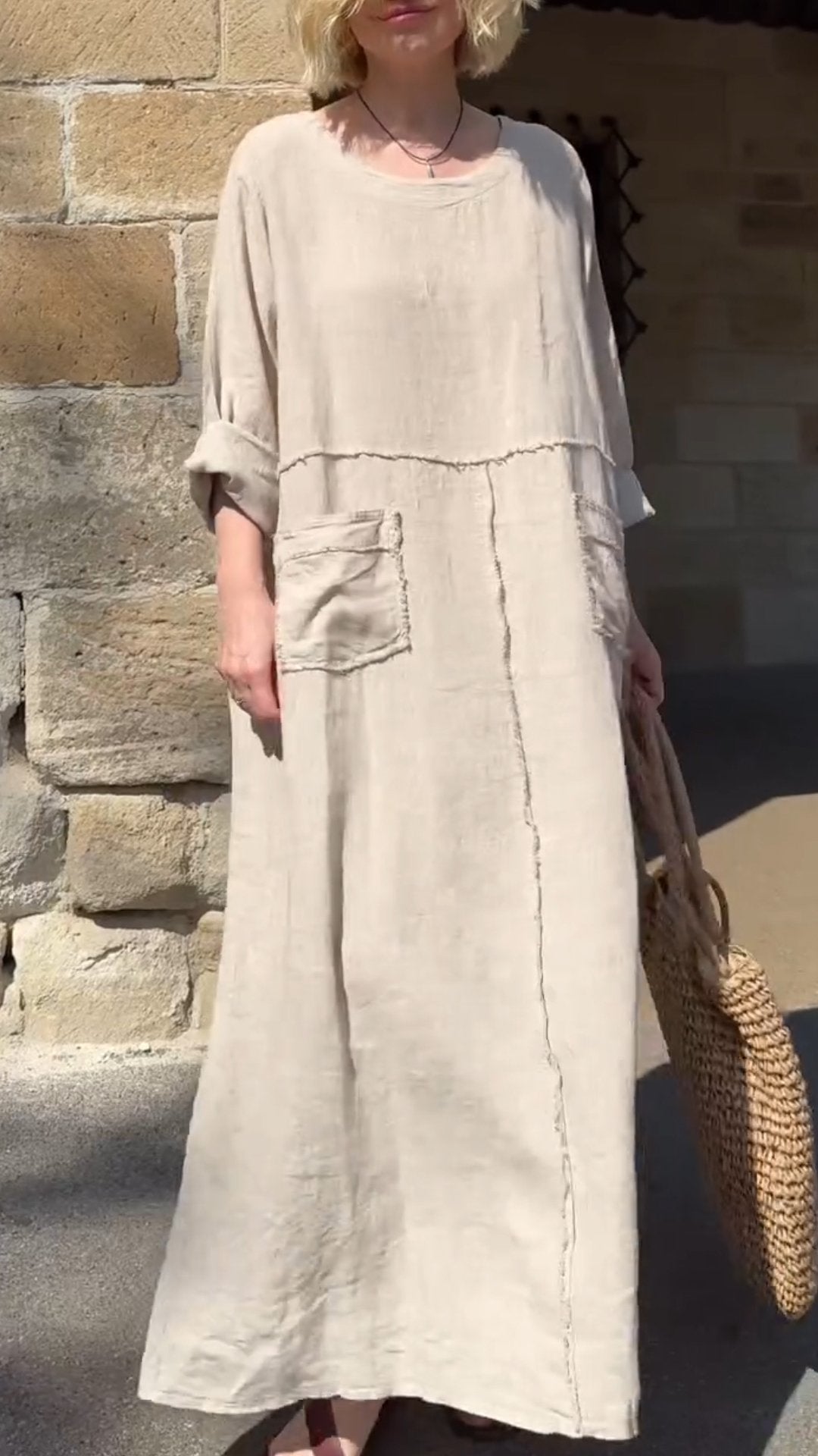 Round Neck Cotton and Linen Long Sleeve Casual Dress-Comfort & Reliable
