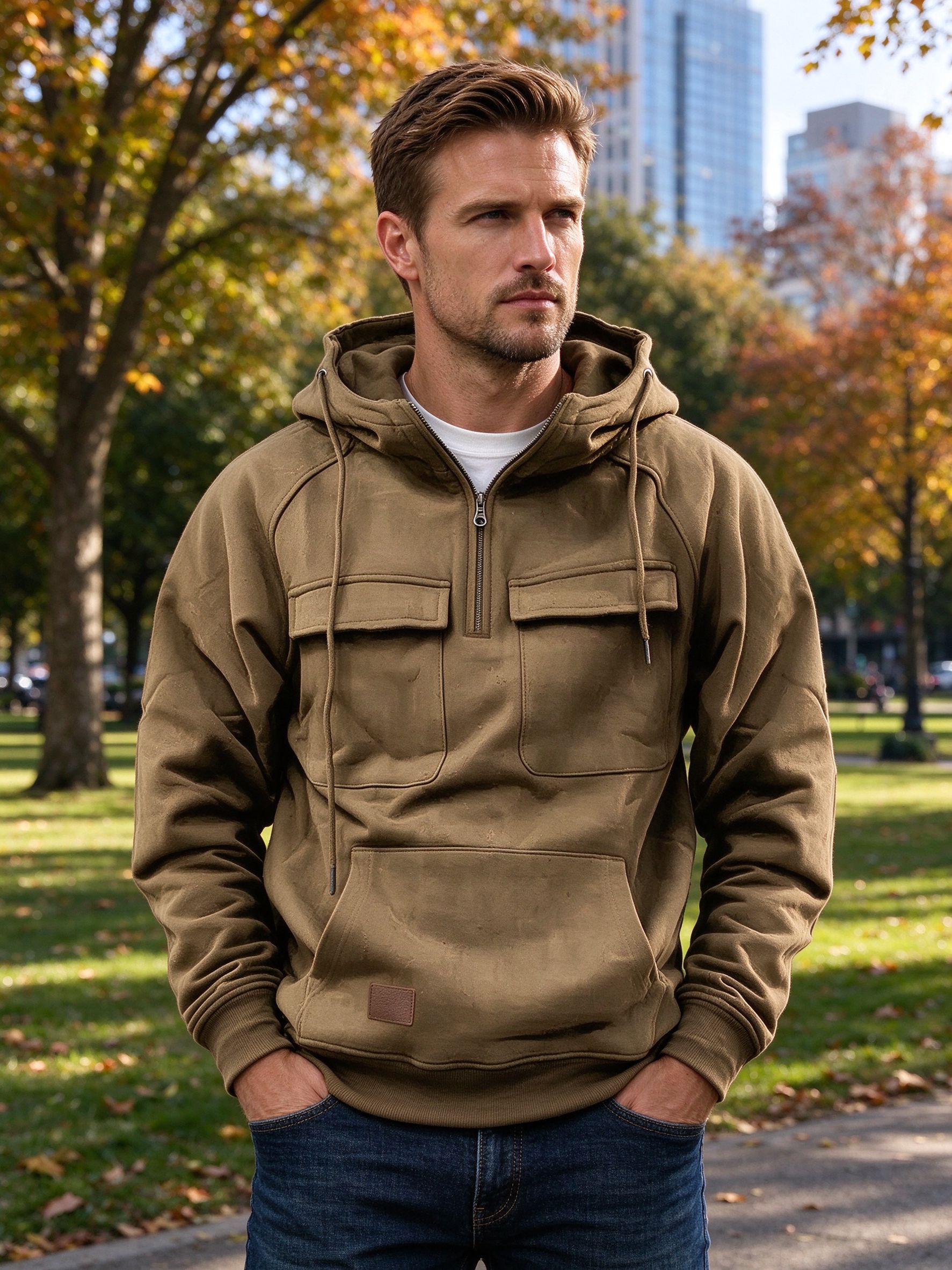 man in khaki quarter-zip tactical hoodie in city park
