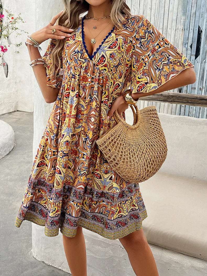 Women's Bohemian Contrast Print V-Neck Short Sleeve Dress-Comfort & Reliable