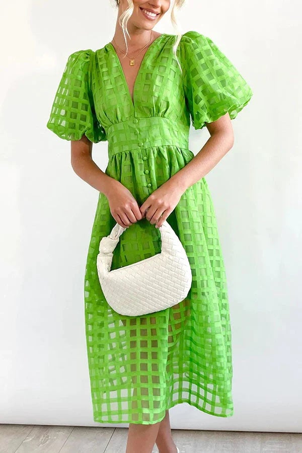 Beauty Square Patterned Fabric Puff Sleeve Midi Dress-Comfort & Reliable
