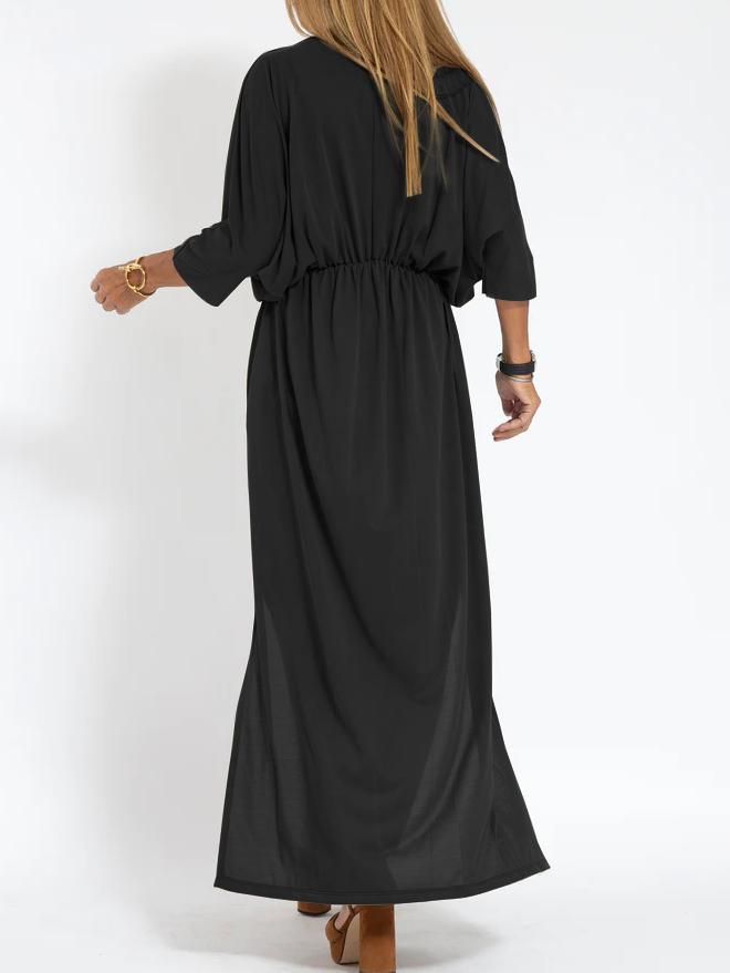 Women's Casual Solid Color V Neck Slit Dress-Comfort & Reliable
