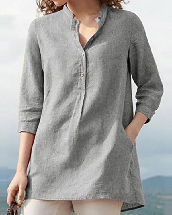Solid Color Stand Collar Linen Casual Pullover Shirt Top-Comfort & Reliable