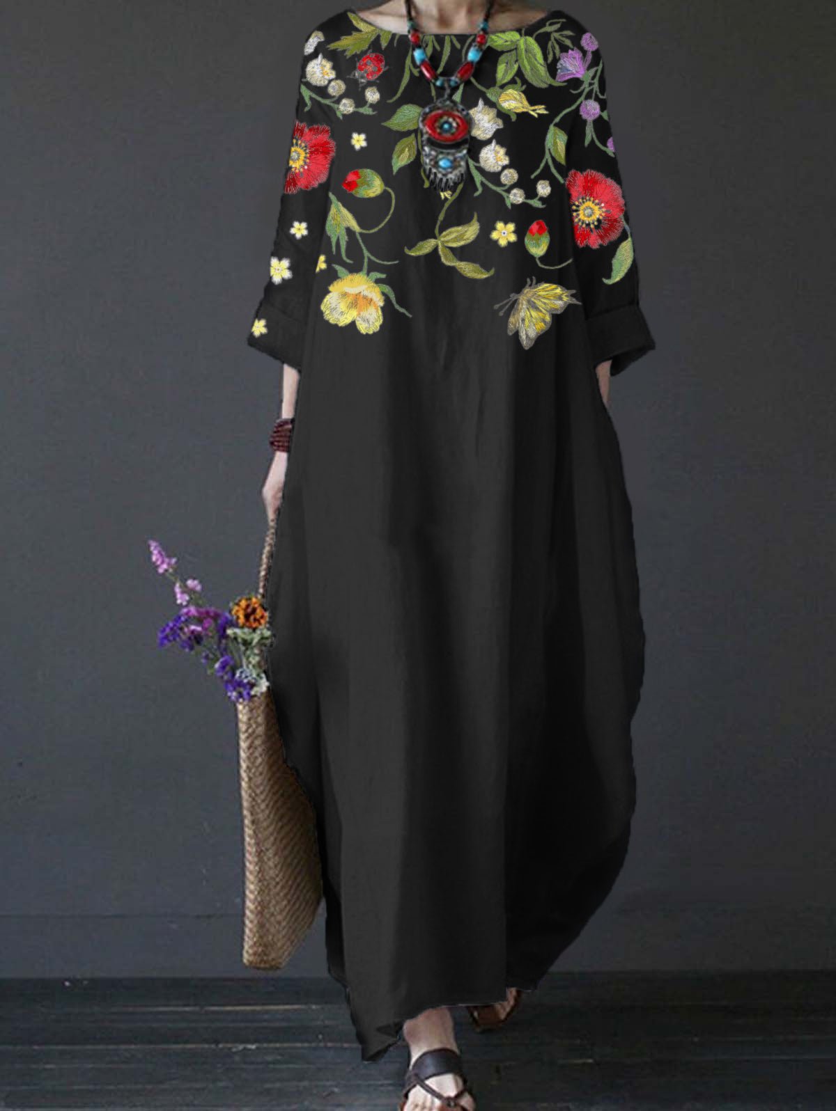 Women's Floral Print Cotton And Linen Loose Plus Size Dress-Comfort & Reliable
