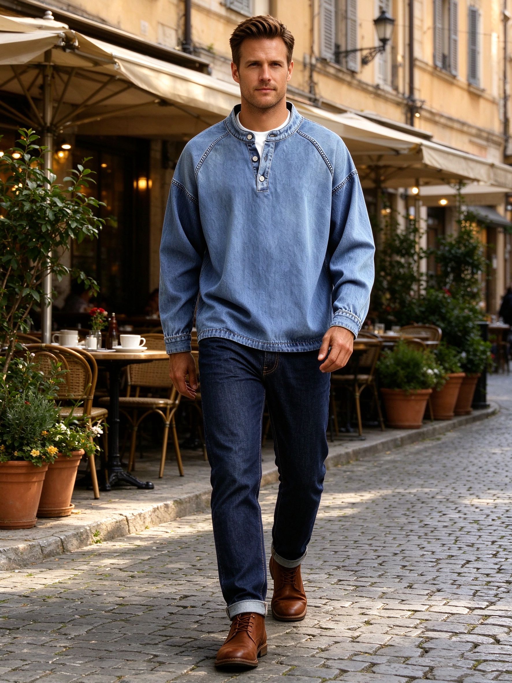 blue henley with raw denim on cobblestone
