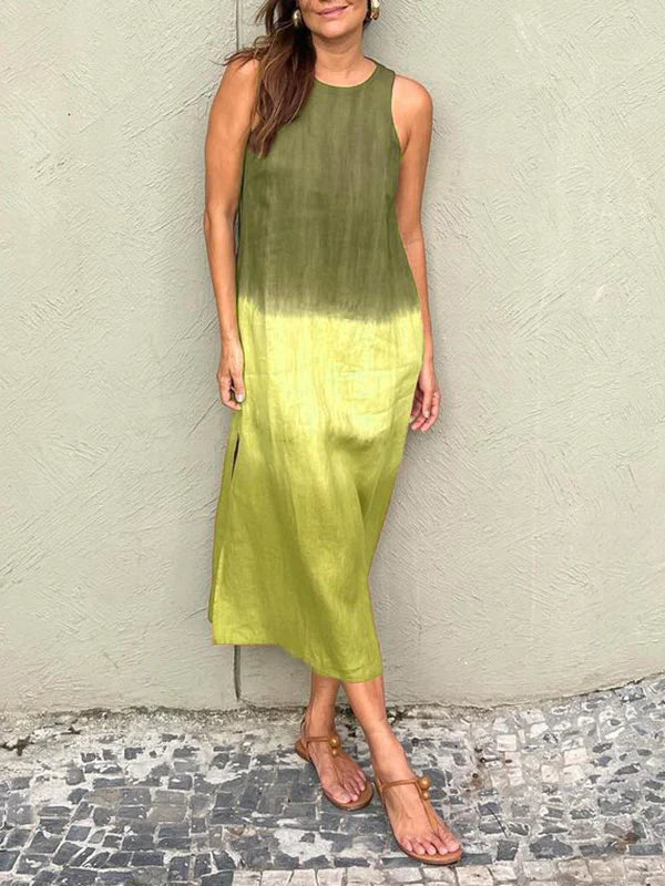 Women's casual cotton and linen sleeveless slit gradient tie-dye long dress-Comfort & Reliable