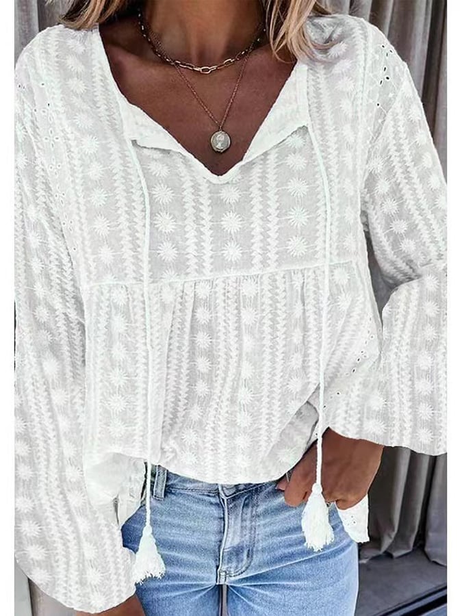 Women's Cotton Embroidery Solid Color V-Neck Loose Tie Lantern Sleeve 3/4 Sleeve Shirt-Comfort & Reliable