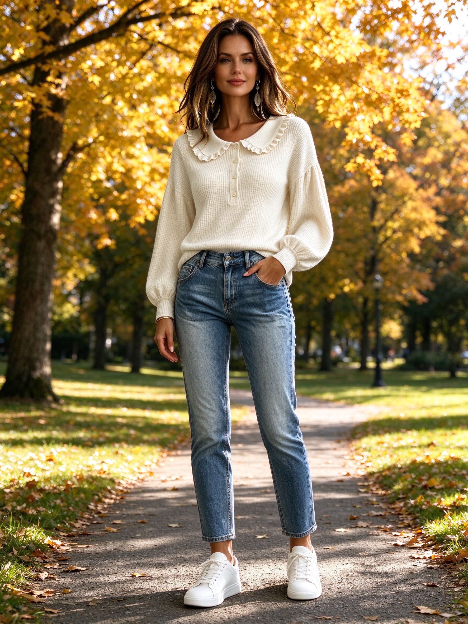 woman in beige ruffle sweater autumn park
