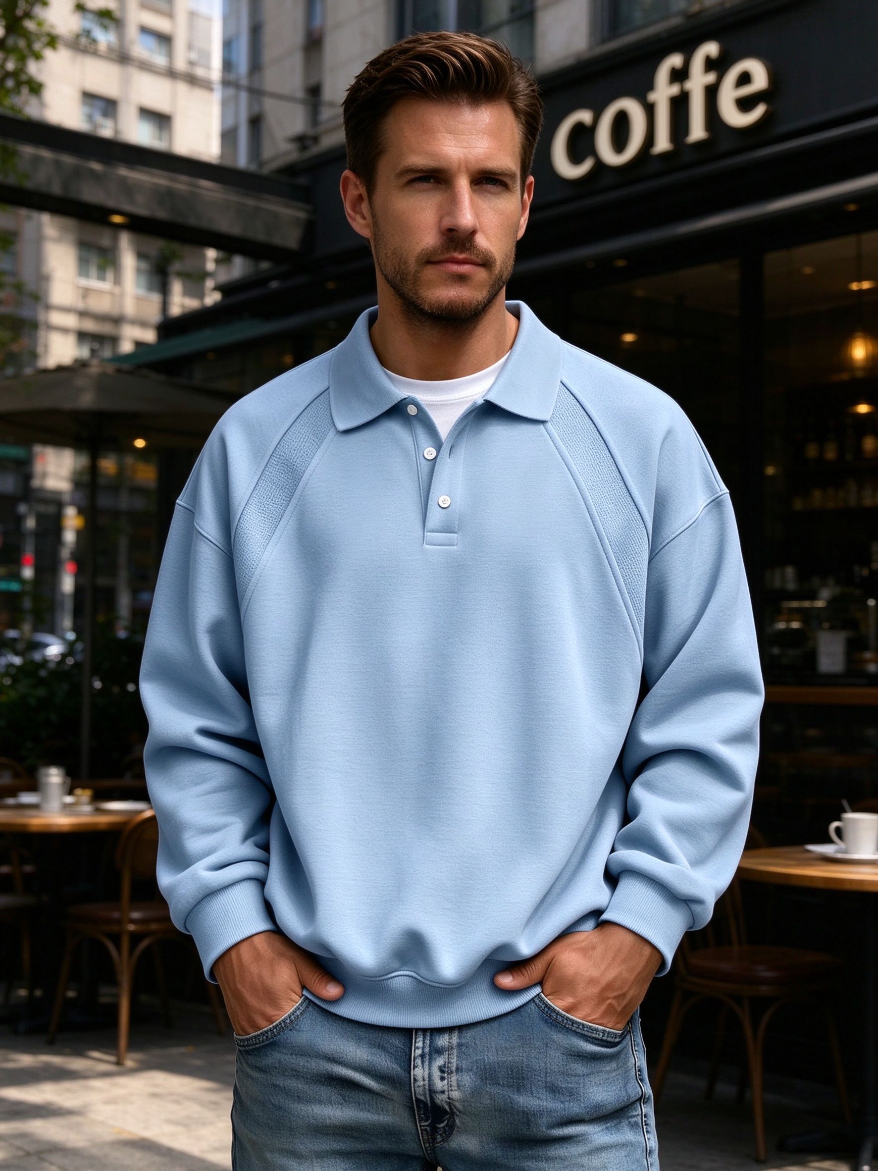 man in light blue oversized patchwork polo sweatshirt at city cafe