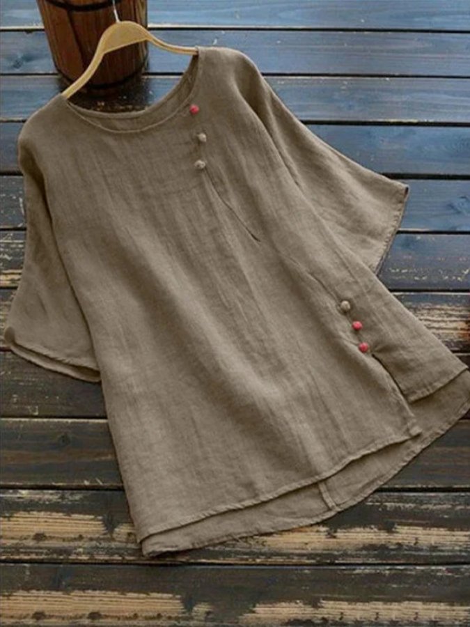 Women's Solid Cotton Linen Round Neck Split T-shirt-Comfort & Reliable