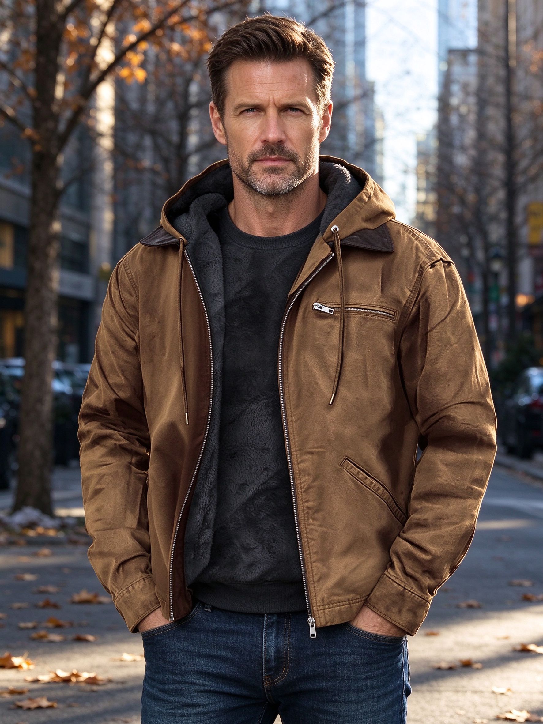 man in brown sherpa lined cargo jacket on winter city street