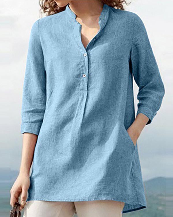 Solid Color Stand Collar Linen Casual Pullover Shirt Top-Comfort & Reliable