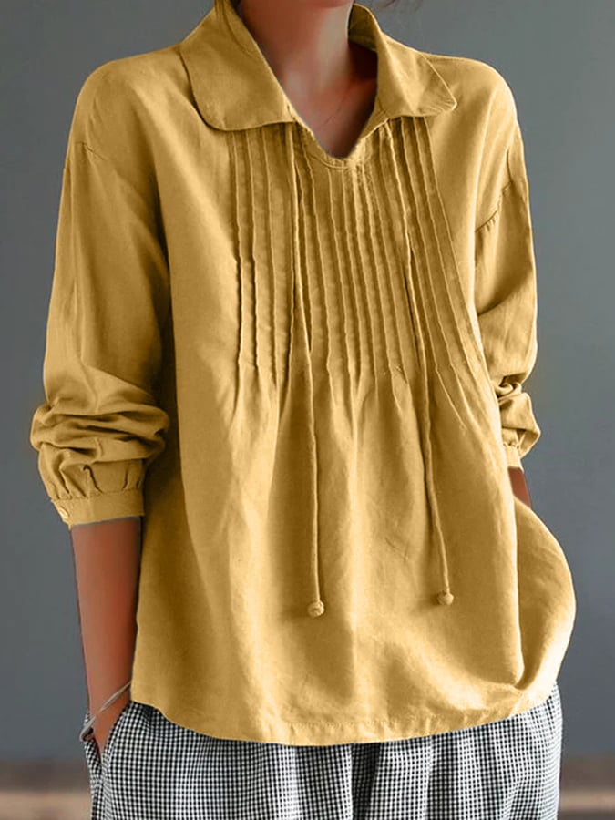 Women's Cotton Lapel Ruffle Tie Long Sleeve Loose Matching Shirt-Comfort & Reliable