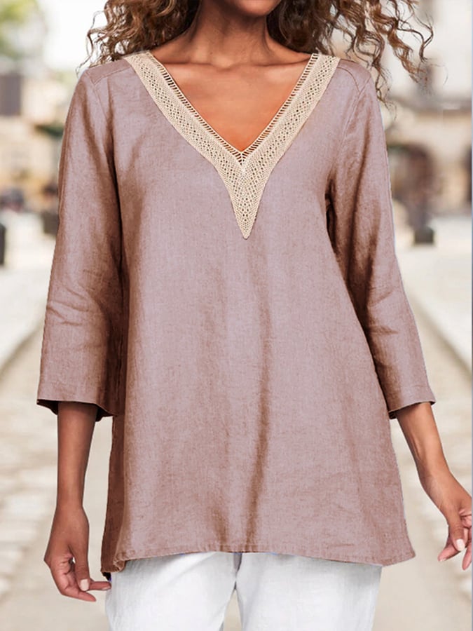 Women's Cotton Lace Hollow V-Neck Solid Color Casual Loose 3/4 Sleeve Shirt-Comfort & Reliable