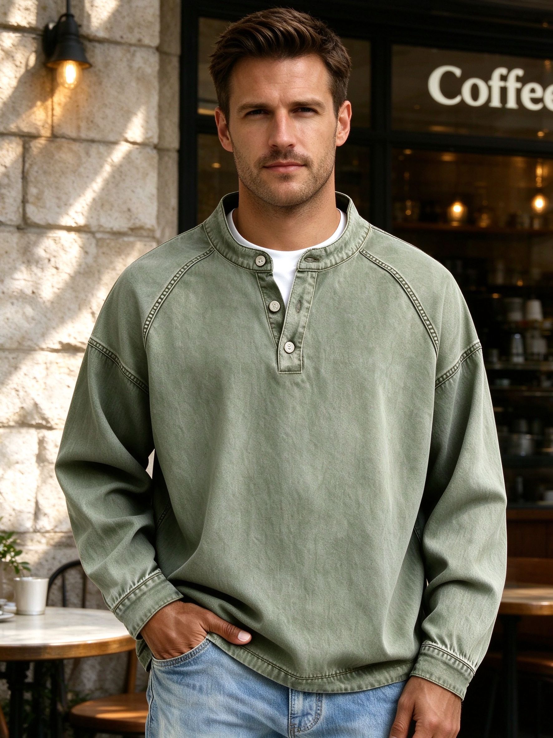 green henley worn by model