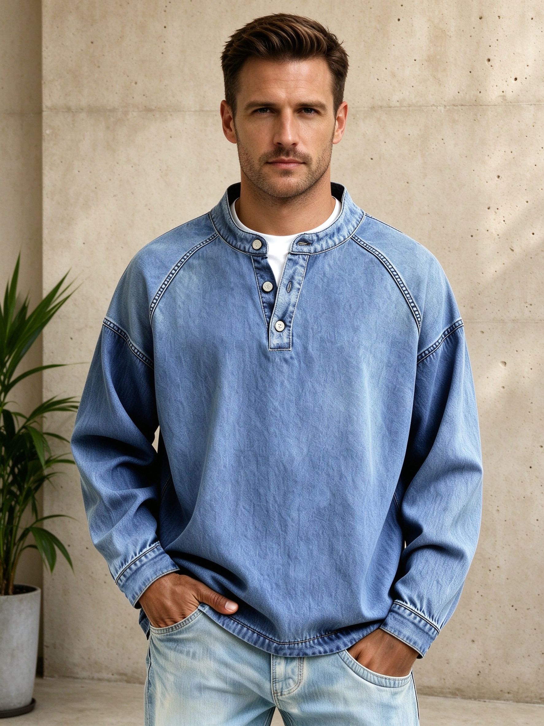 man in blue henley against concrete wall