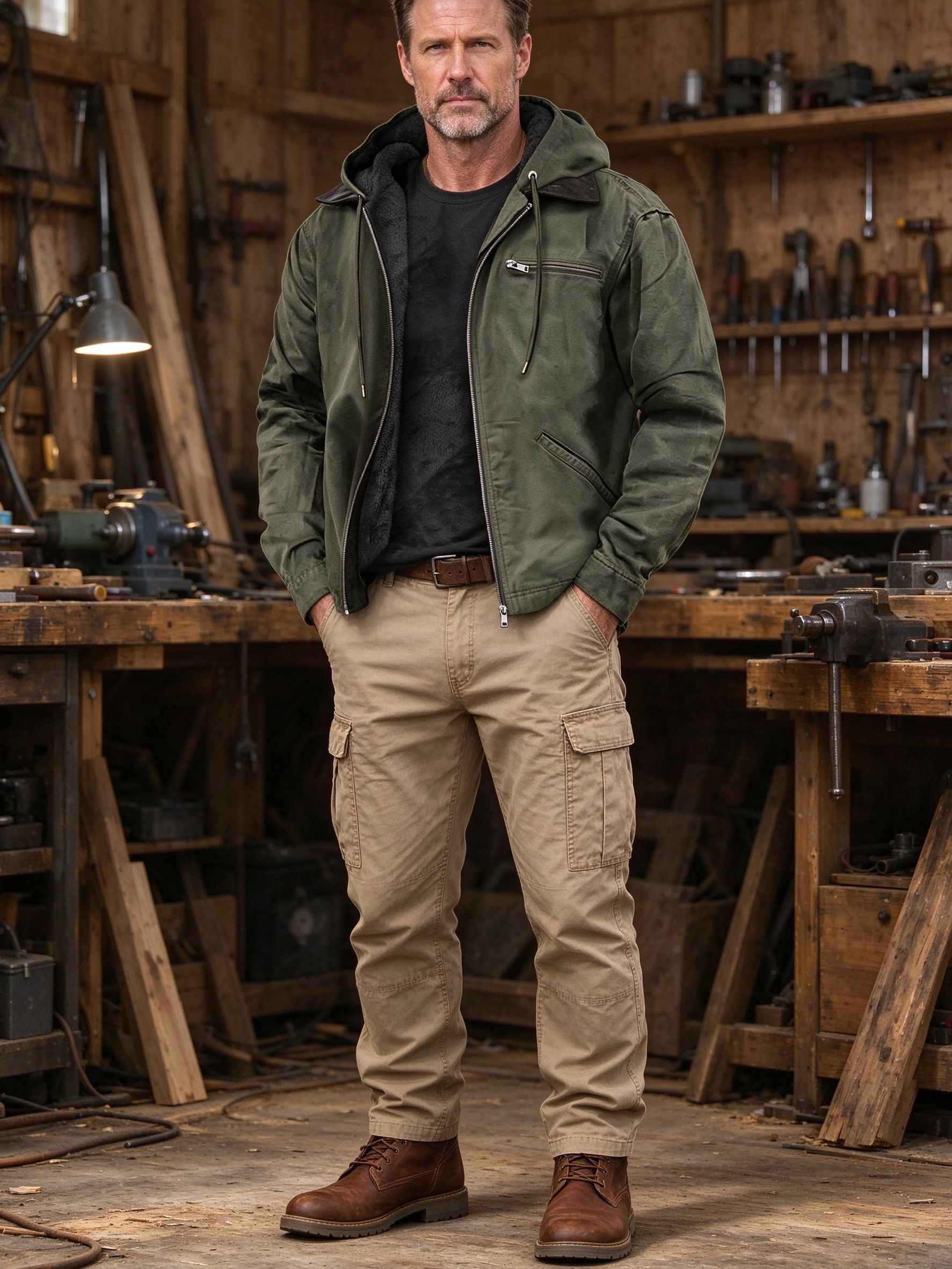 army green sherpa jacket with cargo pants