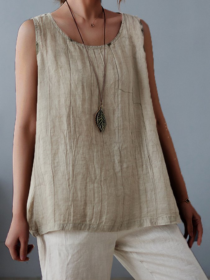 Women's Pure Color Sleeveless Cotton Linen Tee-Comfort & Reliable