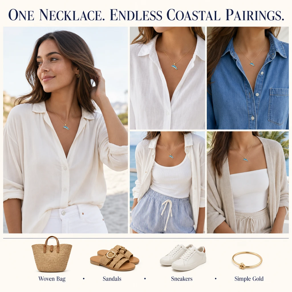 Outfit pairing board showing an ocean pendant necklace with white linen, blue denim, coastal shorts, resort layers, a woven bag, sandals, sneakers, and simple gold
