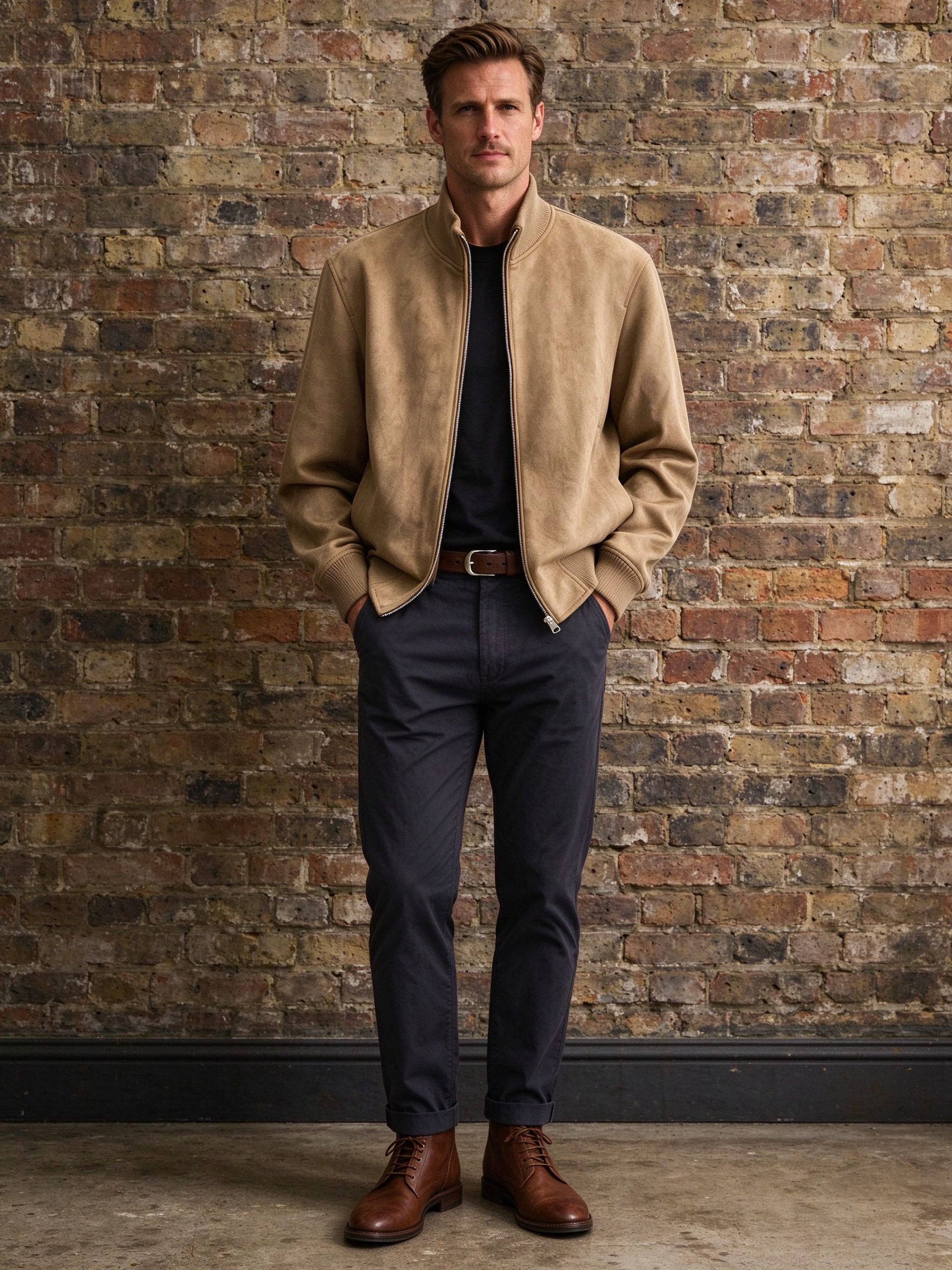 khaki suede bomber with dark chinos
