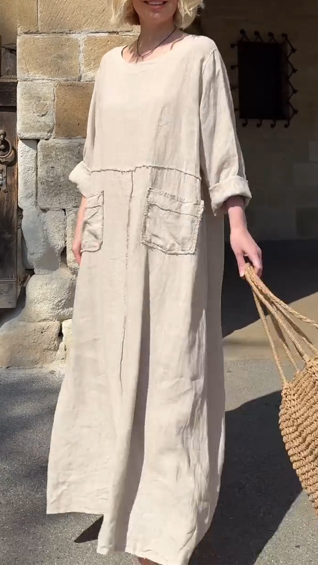 Round Neck Cotton and Linen Long Sleeve Casual Dress-Comfort & Reliable