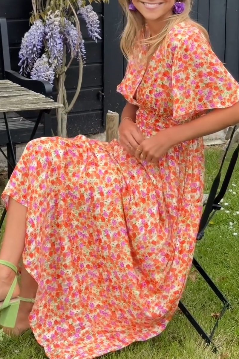 Women's printed waist V-neck long dress-Comfort & Reliable