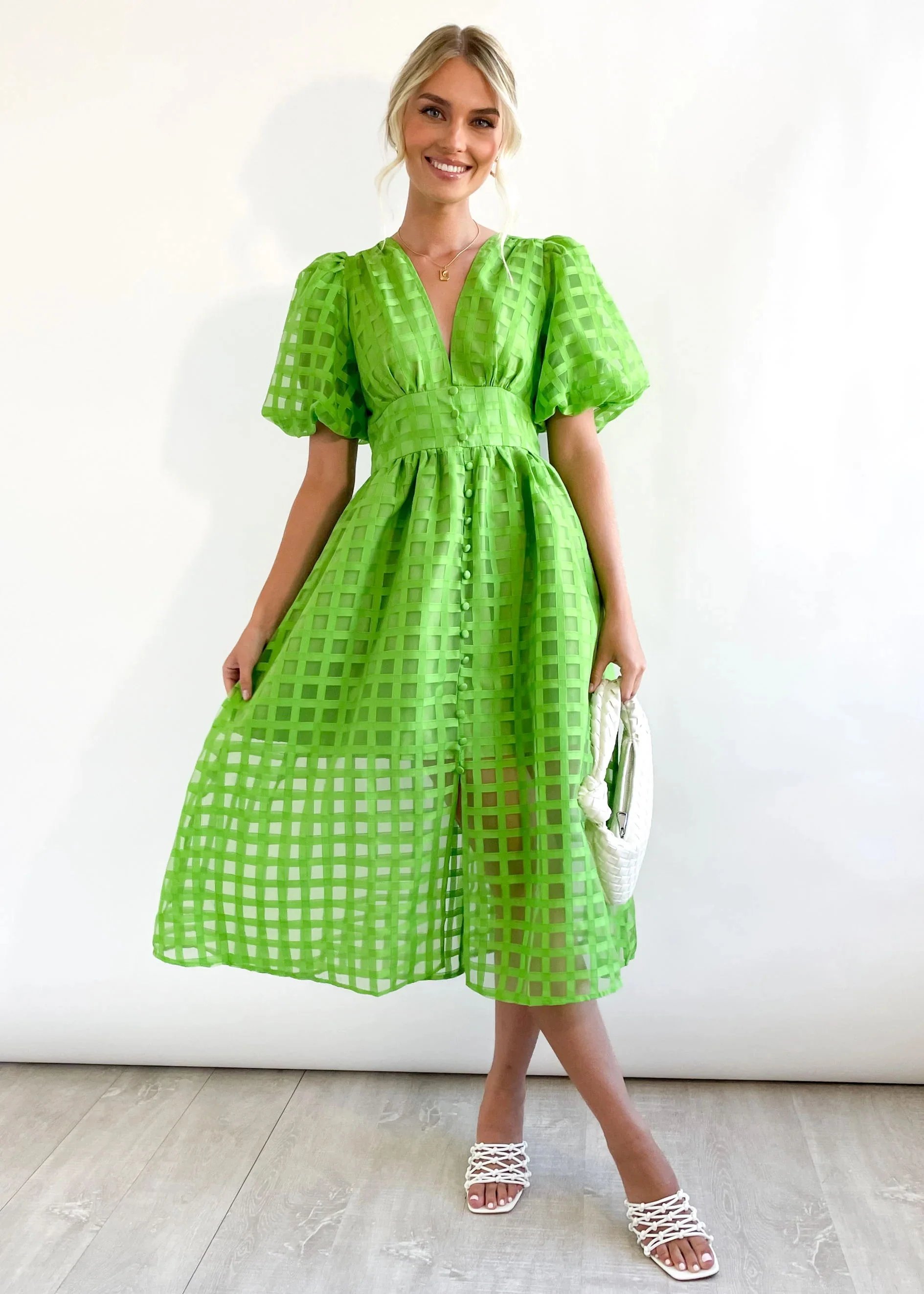 Beauty Square Patterned Fabric Puff Sleeve Midi Dress-Comfort & Reliable