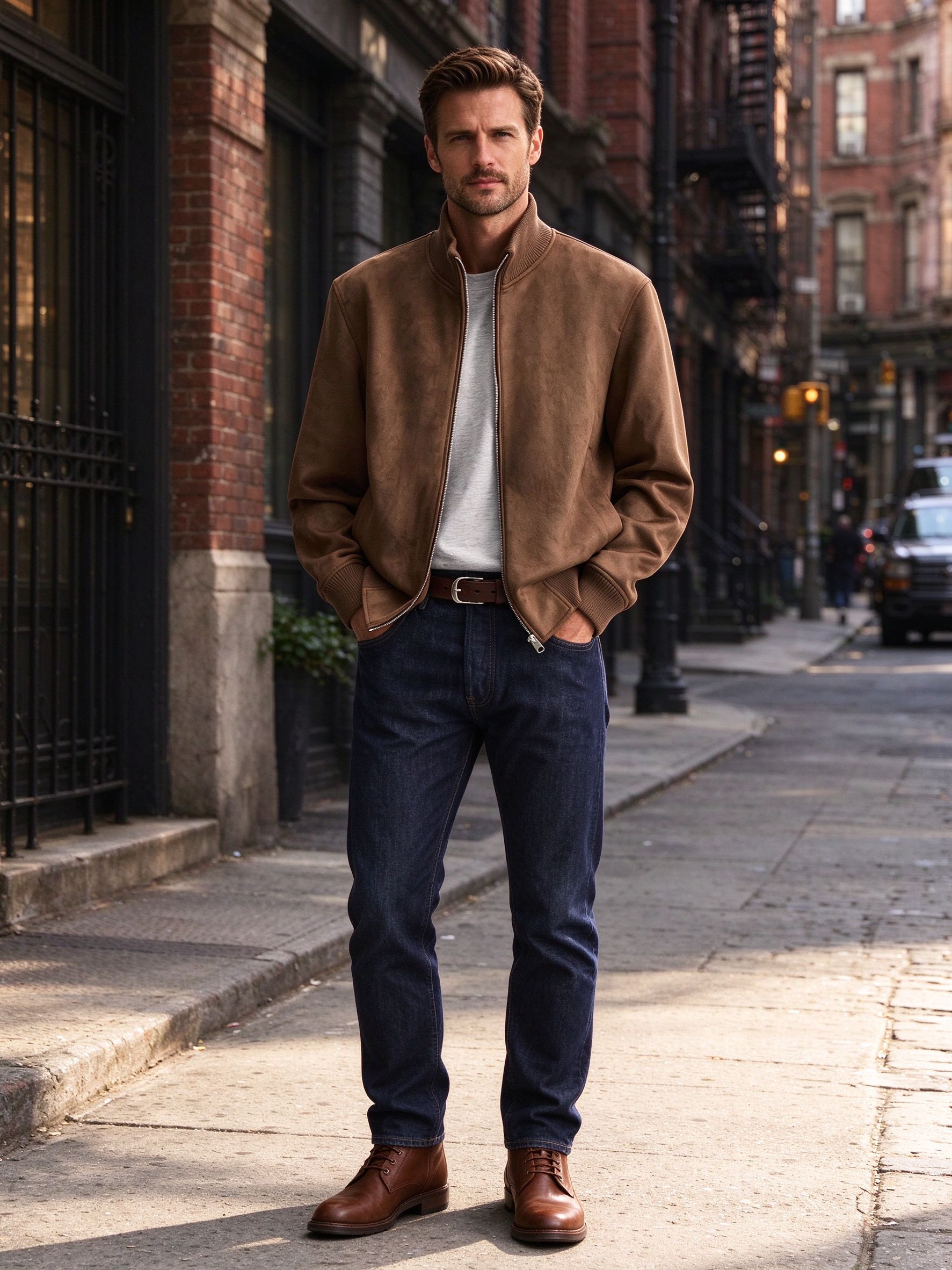 man in brown suede bomber on brick city street