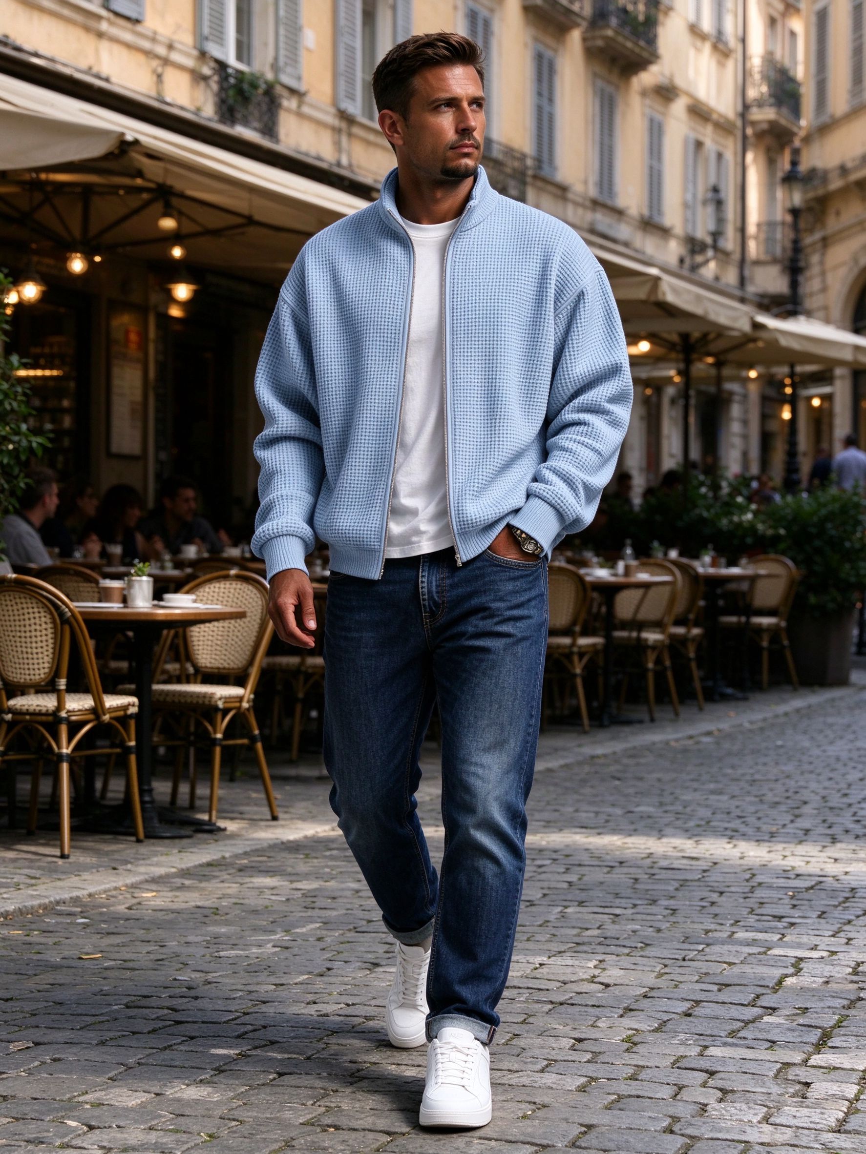light blue waffle zip with dark denim on cobblestone