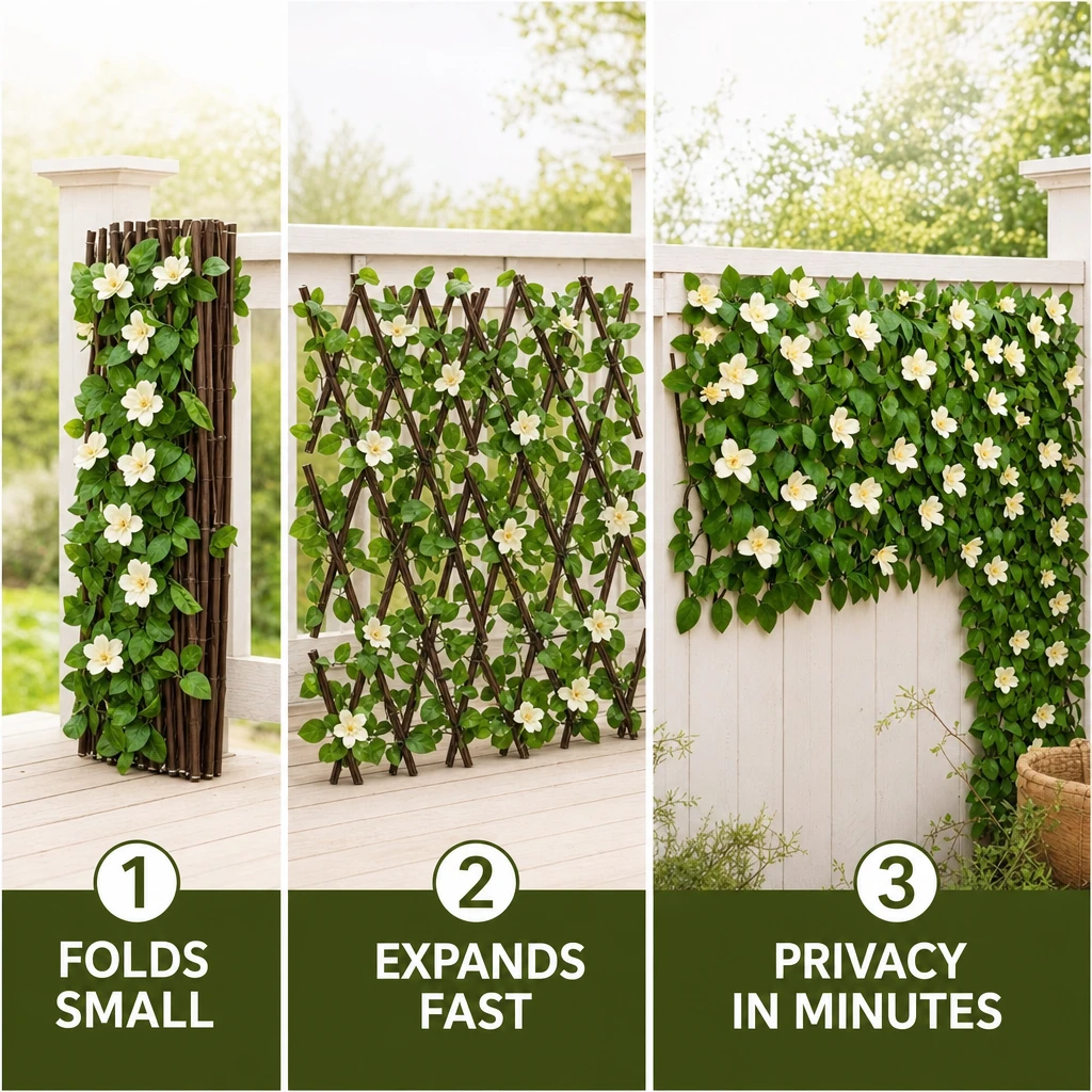 Three stages of the expandable artificial fence from folded panel to fully expanded privacy screen