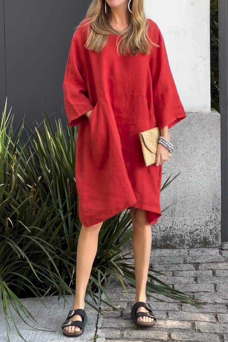 Casual solid color cotton and linen dress-Comfort & Reliable