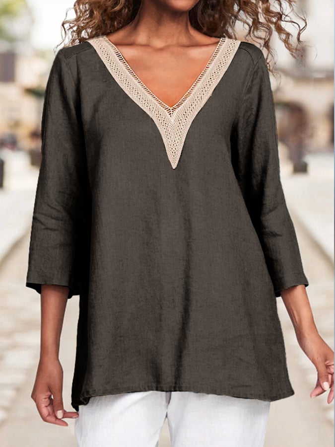 Women's Cotton Lace Hollow V-Neck Solid Color Casual Loose 3/4 Sleeve Shirt-Comfort & Reliable