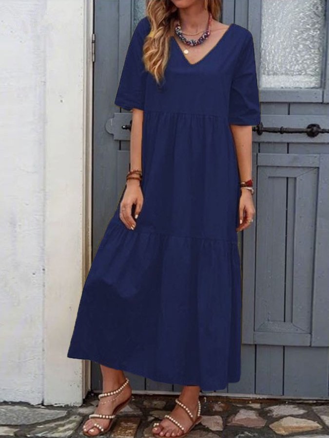 Women's Casual Solid Gathered Panel V-Neck Dress-Comfort & Reliable